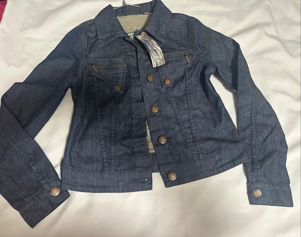 Y2K Womens dark denim jacket front button closure back embroidered size MD
